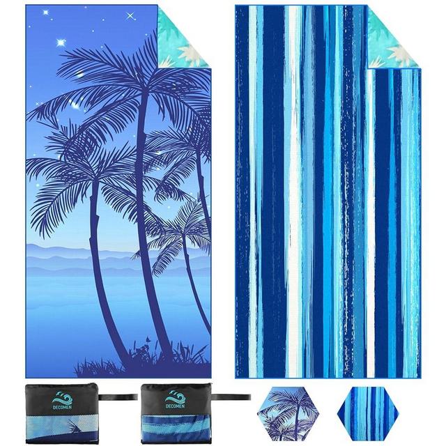 DECOMEN Beach Towel, Microfiber Beach Towels, Oversized Lightweight Quick Dry (73" x 32") Sand Proof, Absorbent, Compact, Beach Blanket, for Swimming,Sports,Gym-Blue Stripes&Coconut Tree