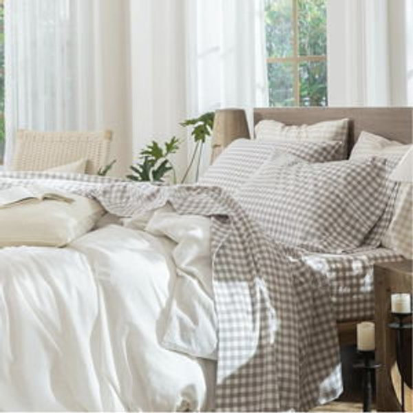 MooMee Gingham Sheet Set 100% Washed Cotton Linen Like Textured Breathable Soft w/Fully Elasticized 16-19" Deep Pocket (Classic Gingham Tannish Linen Grey, Queen)