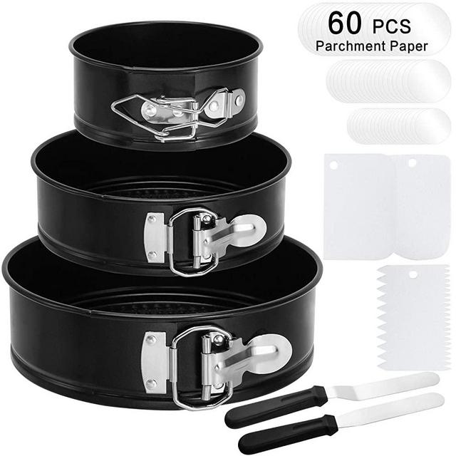 Springform Pan set, MCIRCO Nonstick Leakproof 3pcs(4"/7"/9") Cake Pan Bakeware Cheesecake Pan with 2pcs Icing Spatula, 3pcs Icing Smoother and 60pcs Parchment Paper Liners