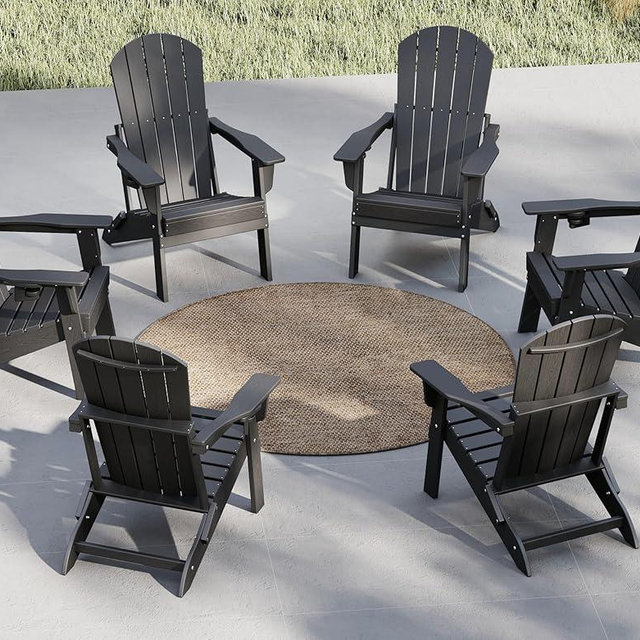 Plawdlik Folding Adirondack Chair Set of 6, Cup Holder，Wooden Textured ，Heavy All-Weather HDPE Comfortable Set Poolside Backyard Lawn, Black