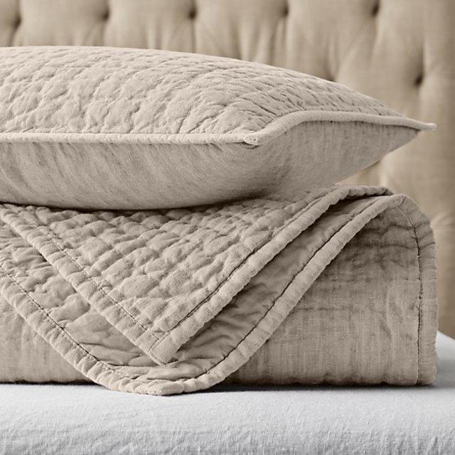 Vintage-Washed Hand-Quilted Belgian Linen Coverlet & Sham
