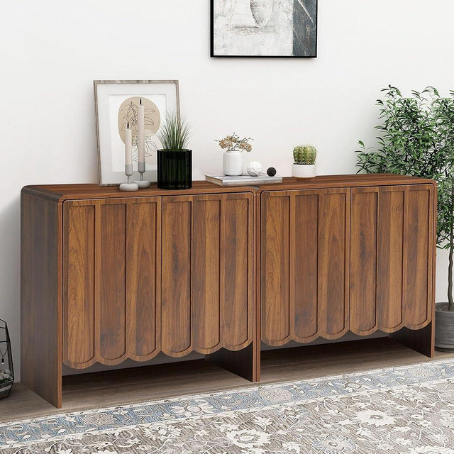 ORRD Sideboard Buffet Cabinet Set of 2, Accent Storage Cabinet with 2 Doors, Farmhouse Wood Cabinet with Adjustable Shelves and Wave Panel for Living Room, Dining Room, Entry - Walnut