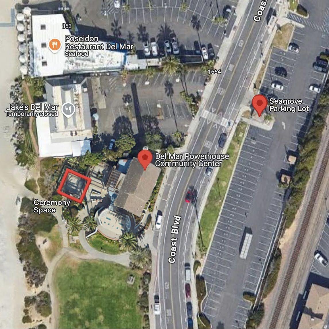 Aerial map of our venue. The Powerhouse, the closest parking lot, and the ceremony space are marked.