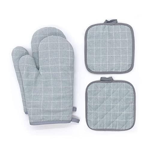 Pretty Jolly Oven Mitts and Pot Holders Sets 4 pcs for Kitchen Heat Resistant Toaster Oven mits with Recycled Cotton Quilted Potholders for Women Home Cooking Baking Cute Blue Kitchen Mittens