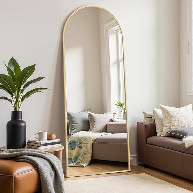 Rowjut Floor Mirror Arched Mirror Full Length 56"X20" Full Length Mirror can be Free Standing or Hanging on The Wall Used in Living Room Entrance Hall Corridor Room Bathroom etc （Glod