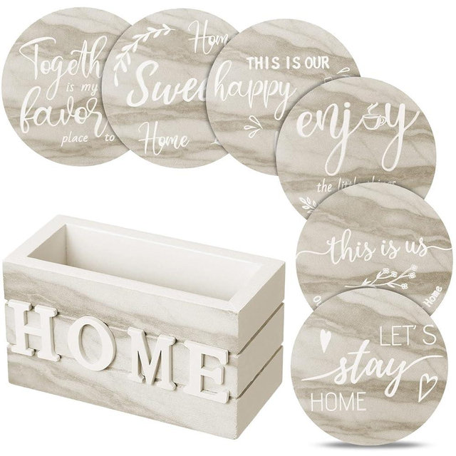 Queekay Coasters Set of 6 House Warming Gifts New Home Wooden Farmhouse Drink Coasters with Holder 4'' Funny Decoration for Kitchen Family Coffee Bar Tabletop Protection(Brown Marble)