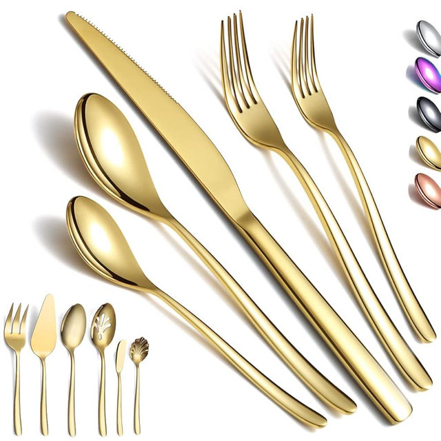Gold Silverware Set 46 Piece, Stainless Steel Flatware Set, Cutlery Set, Utensil Sets, With Cake Server, Serving Spoon, Slotted Serving Spoon, Serving Fork, Sugar Spoon, Butter Knife (Shiny Gold)