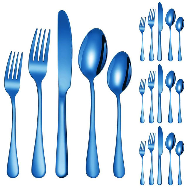 Knifes Forks Spoons Blue Silverware Set for 4，20-Piece Stainless Steel Flatware Set，Polished Tableware Eating Utensils Set for Kitchen,Not Easy to Scratch The Mouth and Dishwasher safe. (Blue)