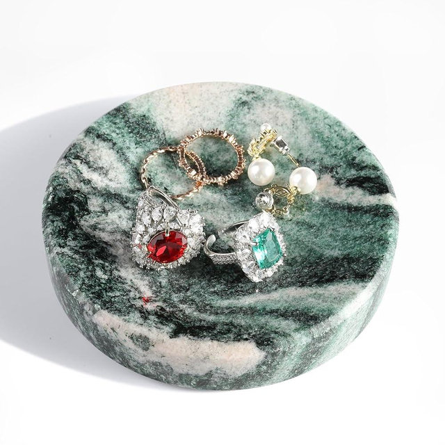 Koville Luxury Stone Jewelry Dish, Small Round Trinket Tray for Ring Necklace Earring, 4" Decorative Dish, Aesthetic Home Table Decor, Natural Stone Soap Dish for Bathroom Kitchen((Green)