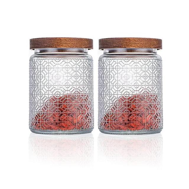 Snminetal Vintage Glass Airtight Storage Jar, With Airtight Wood Lid, Kitchen Glass Food Storage Containers, for Candy, Coffee Tea Beans, Oats,Flour, Grains,Food Storage Jar 24oz (window patter)