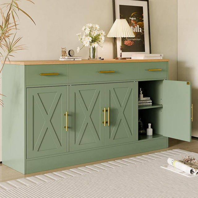 SUNLEI Buffet Cabinet with Storage, Farmhouse Storage Cabinet with 4 Doors and 3 Drawers, Coffee Bar Station Wood Buffet Table with Adjustable Shelf for Living Room, Green
