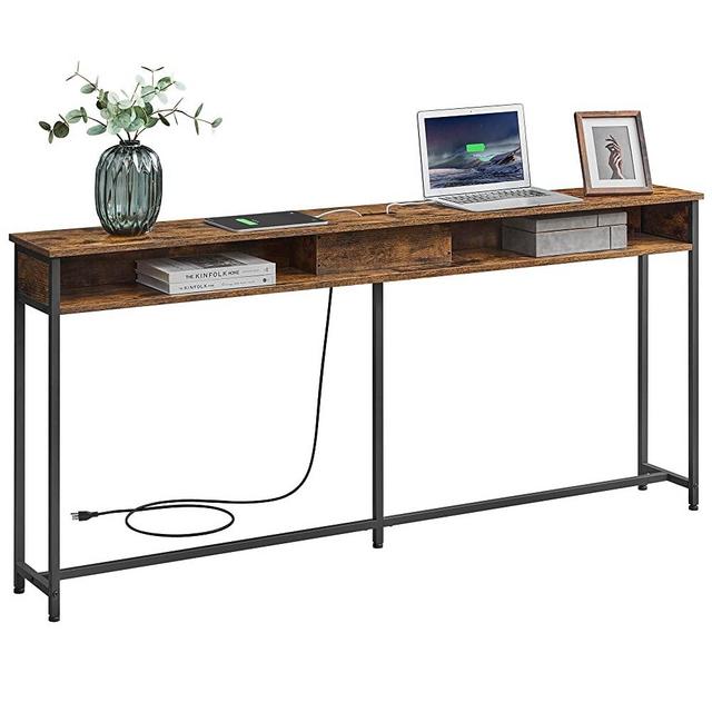 VASAGLE Narrow Console Table - 70.9 Inch Sofa Table with 2 Outlet and 2 USB Ports, Long Entryway Table for Hallway, Behind The Couch, Home Office or Living Room ULNT118B01
