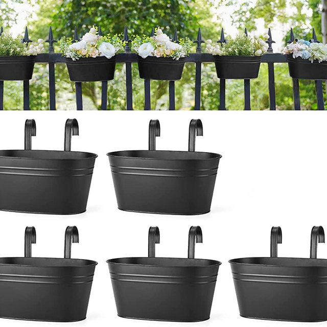 Dahey Metal Iron Hanging Flower Pots for Railing Fence Hanging Bucket Pots Countryside Style Window Flower Plant Holder with Detachable Hooks Home Decor,Black,5 Pcs