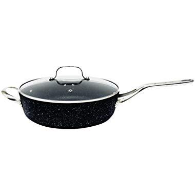 THE ROCK by Starfrit  060318-003-0000 11" Deep Fry Pan with Glass Lid and Stainless Steel Handles, Black