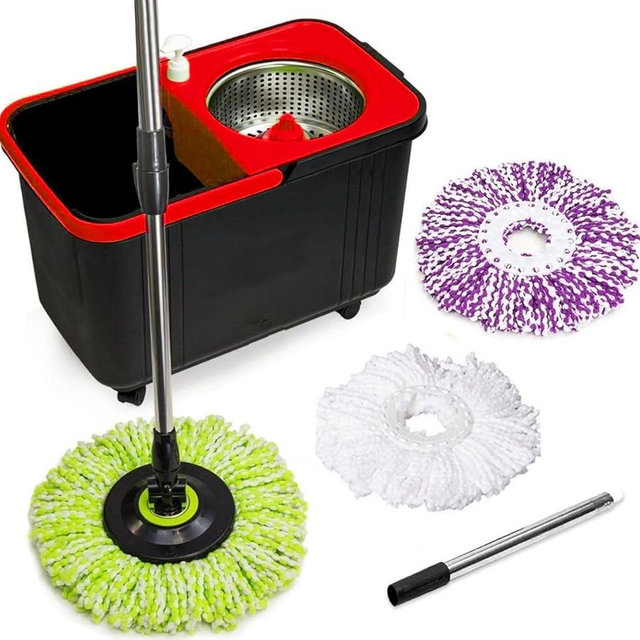 Simpli-Magic Spin Mop and Bucket with Wringer Set, 360° Spinning Mop Bucket System with 3 Microfiber Mop Replacement Heads and Stainless Steel Adjustable Handle for Floor Cleaning