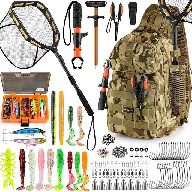 PLUSINNO Fishing Backpack with Tackle Boxes, Waterproof Fishing Sling Tackle Bag For Fishing Gear With Rod Holder, Fishing Gifts for Men With Fishing lures, Fishing pliers, Fish Lip Gripper.