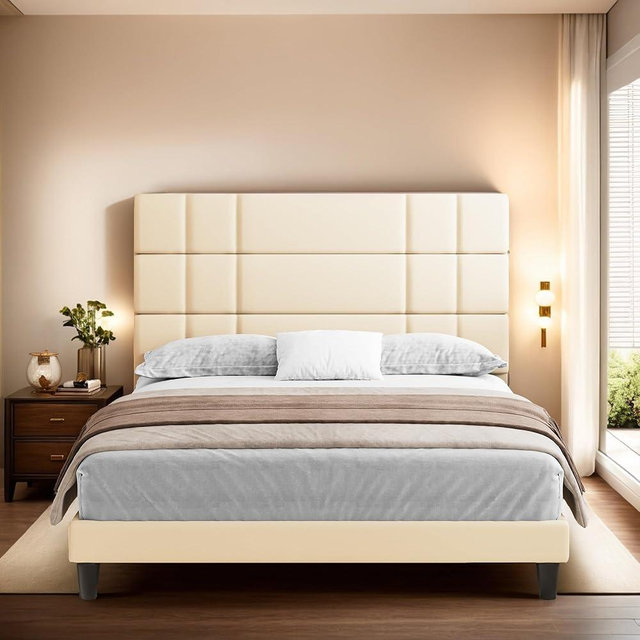 DWVO Queen Bed Frame Linen Fabric Upholstered Platform with Headboard and Strong Wooden Slats, Non-Slip and Noise-Free,No Box Spring Needed, Easy Assembly,Beige