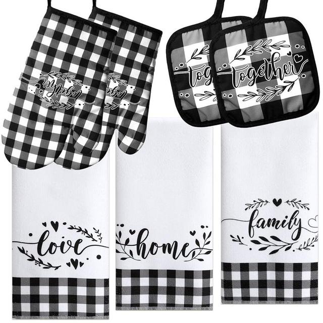 Oudain 7 Pcs Christmas Oven Mitts and Pot Holders Sets Buffalo Check Dish Towel Christmas Kitchen Towel Farmhouse Anti Slip Heat Resistant Buffalo Plaid Decoration for Holiday Cooking Baking(Vintage)