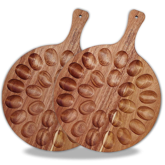 Erwuldor 2-Pack 24 Holes Deviled Egg Platter,Acacia Wooden Round Deviled Egg Charcuterie Board Tray Holder Carrier with Handle for Kitchen Countertops