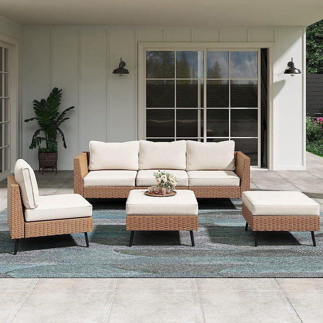 LAUSAINT HOME Outdoor Patio Furniture, 6 Piece Outdoor Sectional Sofa PE Rattan Wicker Patio Conversation Sets, All Weather Patio Furniture Set with Thick Cushions for Garden, Poolside,Backyard(Beige)