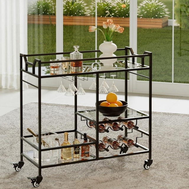 Alihdrna Black Bar Cart, Home Bar Serving Cart with Handle, Wine Cart with 3-Tier Glass Shelves, Beverage Cart with Wine Rack and Glass Holder, Bar Carts for The Home, Dining Room