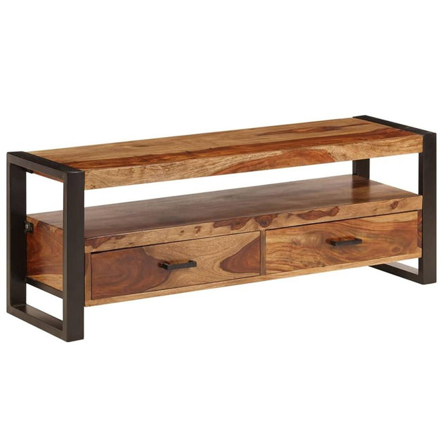 Tidyard Wooden TV Cabinet with Storage Drawers and Open Shelf Sheesham Wood Television Stand Sofa Couch End Side Table Steel Legs for Living Room Bedroom 47.2 x 13.8 x 17.7 in