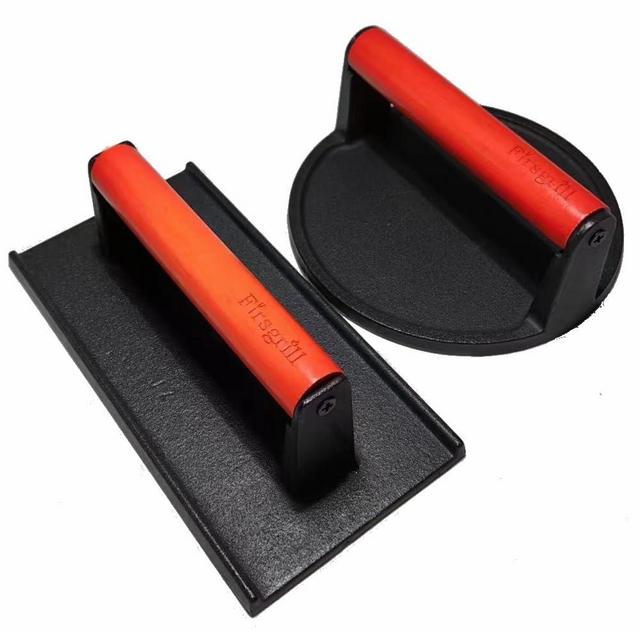 Firsgrill Burger Press 6.6" Round Heavy-Duty Cast Iron Smash Meat Steak with Wood Handle for Blackstone Weber Treager Griddle Grills (YPX) (Flate 6.5" Round & 4.3X8.3 Rectangle)