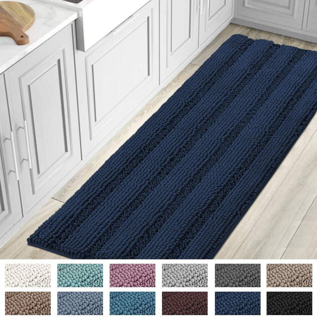 Bath Mats for Bathroom Non Slip Luxury Chenille Striped Bath Rug Runners Large 59x20 Absorbent Non Skid Fluffy Soft Shaggy Rugs Washable Dry Fast Plush Carpet Mats for Bath Room, Tub - Navy