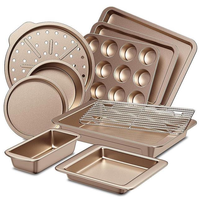 HONGBAKE Bakeware Sets, Baking Pans Set, Nonstick Oven Pan for Kitchen with Wider Grips, 10-Pieces Including Rack, Cookie Sheet, Cake Pans, Loaf Pan, Muffin Pizza - Champagne Gold 10 piece set