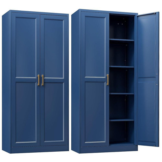 SteeLoong Kitchen Pantry Cabinet,71”Blue Metal Pantry Storage Cabinets with Doors and 4 Adjustable Shelves,Kitchen Cabinet with 2 Gold Handles,Tall Cabinet for Livingroom,