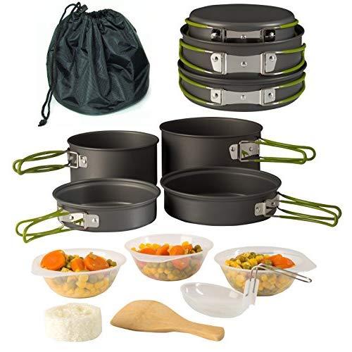 Wealers Camping Cookware 11 Piece Outdoor Mess Kit Backpacking| Trailblazing add on | Compact| Lightweight| Durable with Chef Pots, Bowls, Utensils and Mesh Carry Bag Included