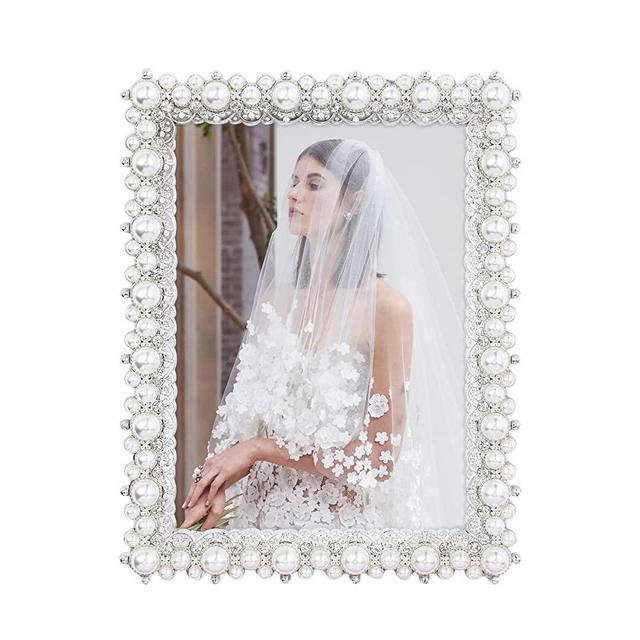 5x7 Picture Frame with Pearl and Crystal Decor Wedding Photo Frame for Tabletop Display, 5 by 7 inch Frame for Mother's Day, Valentines Day, Friends