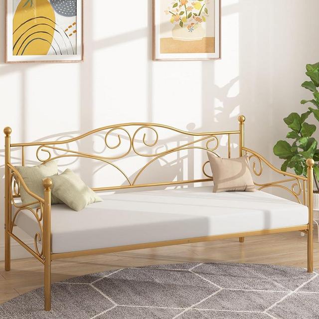 VECELO Twin Size Daybed Frame Metal Sofa Bed Mattress Foundation with Headboard, Heavy-Duty Steel Slat Support for Bedroom Living/Guest Room, Easy Assembly, Gold