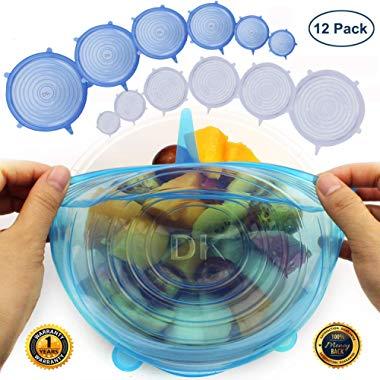 Silicone Stretch Lids (12 Pack, 2 Color), Zero Waste Reusable Silicon Container Lid for Cover Leftover Food and Fruit or Bowl (Blue and White）
