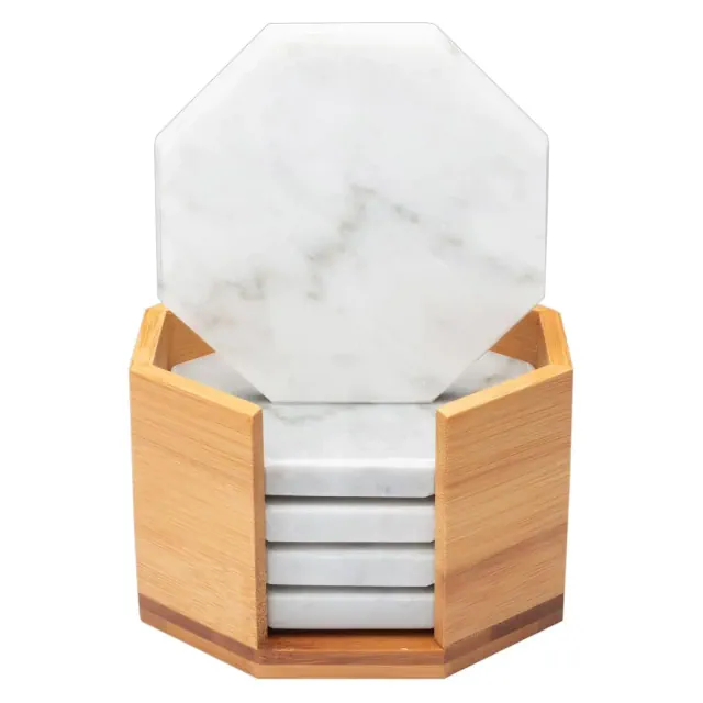 D'Eco White Carrara Marble Coasters w/ Bamboo Holder - Set of 5 - Tabletop Protection for Any Table Type- Fits Any Size Wine Glass, Cup, Mug