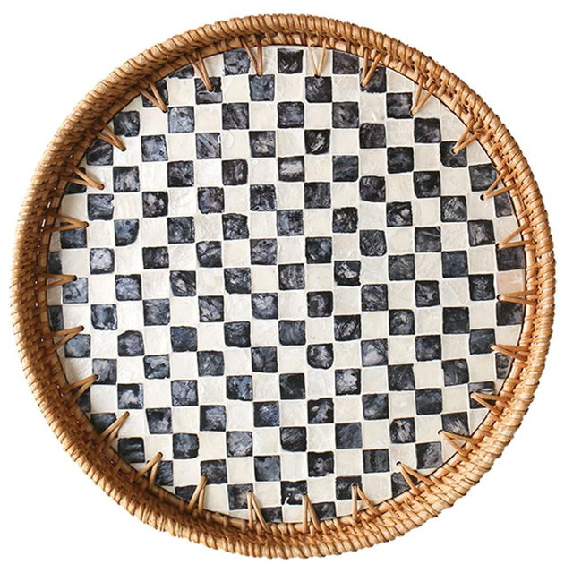 Aayoruro Round Rattan Tray with Mother of Pearl Inlay, Decorative Wicker Serving Tray with Wooden Base, Woven Basket Trays for Bread Fruits Coffee, Checkered