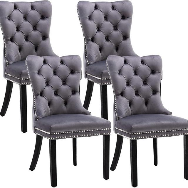 Eifizek Velvet Dining Chairs Set of 4, Tufted Dining Room Chairs with Nailhead Ring Pull Trim, Upholstered Dining Chairs with Solid Wood Legs for Kitchen Dining Room (Grey)