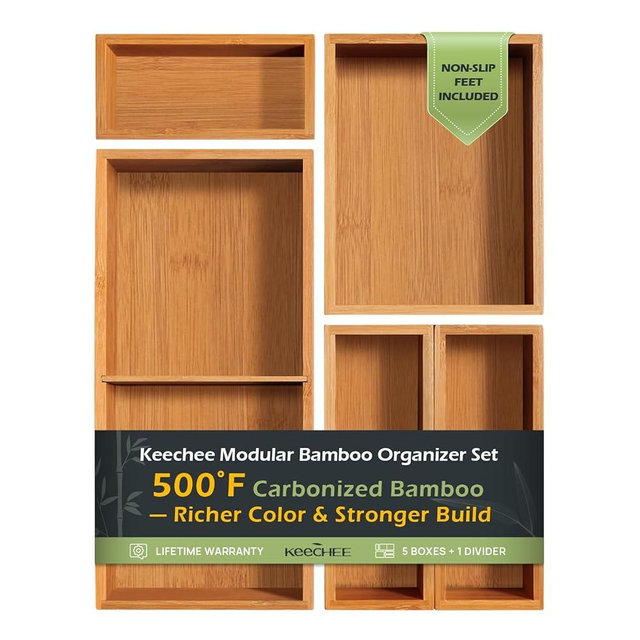 keechee 5-Piece Bamboo Drawer Organizer Set, 2.2" Deep | Multi-Use Organizers for Utensils, Silverware, Cutlery, Desk, Bathroom, Junk Drawer & Makeup, Non-Slip Feet Included.