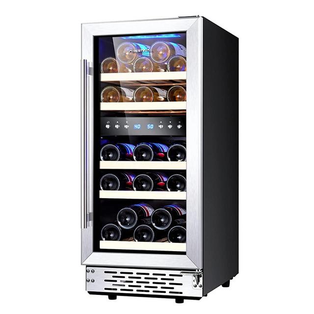 【Upgraded】Phiestina Under Counter Wine Fridge 15 Inch Dual Zone Wine Cellar Built-in or Freestanding Wine Cooler Refrigerator with Frost Free Compressor Cooling System