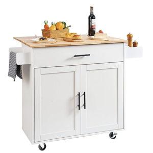 VEVOR Kitchen Island Cart with Solid Wood Top, 35.4" Width Mobile Carts with Storage Cabinet, Rolling Kitchen Table with Spice Rack, Towel Rack, Drop Leaf and Drawer, Portable Islands on Wheels, White