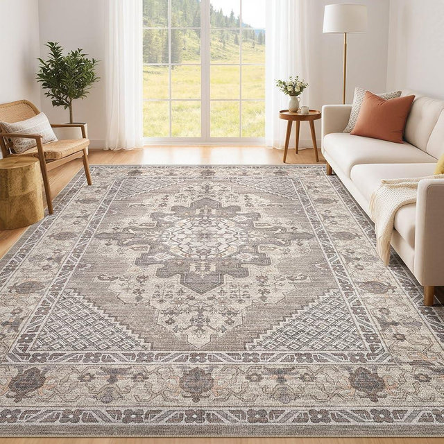 Tortania Area Rug Living Room Rugs - 6x9 Washable Boho Rug Vintage Oriental Distressed Farmhouse Large Thin Indoor Carpet for Living Room Bedroom Under Dining Table Home Office - Taupe Brown