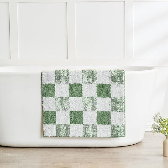 CozeCube Bath mats for Bathroom Non Slip, Fluffy Absorbent Microfiber Bath mat Washable, Aesthetic Bathroom Rugs, Long Sage Green Checkered Bath Runner, Sage Green, 59" x 24"