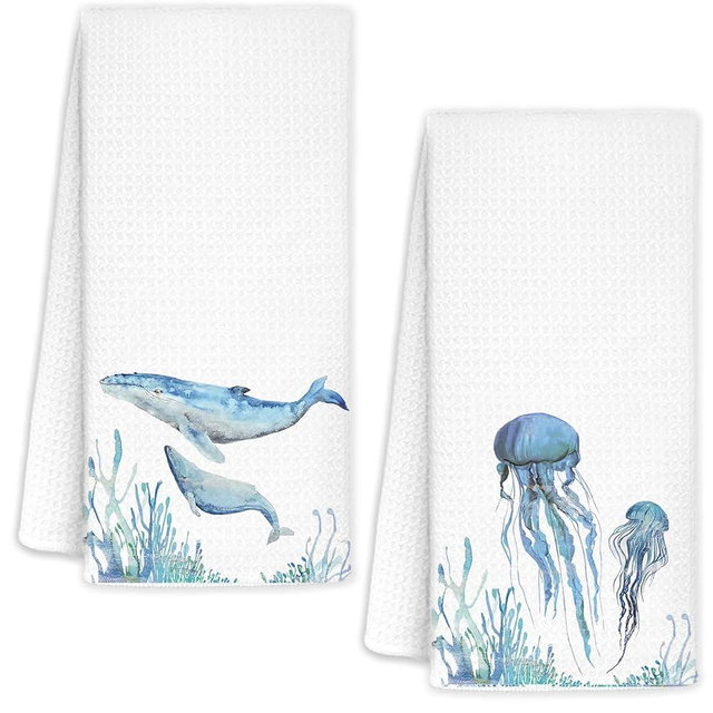 AQYIP Blue Coastal Beach Kitchen Towels Set of 2, Whale Jellyfish Coralline Decorative Dish Tea Towels for Kitchen, Under The Sea Hand Towels for Bathroom, Coastal Bathroom Decor, 16x24 Inch