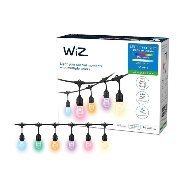 WiZ 48FT RGB WiFi LED Color Changing String Lights - Outdoor - Water and Weatherproof - Adapter Included - Control with Wiz Connected App - Works with Google Home, Alexa and Siri Shortcuts