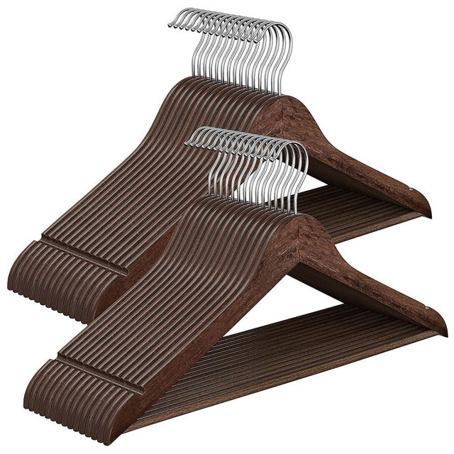 SONGMICS Wooden Hangers, Pack of 30, Coat Hangers, Pants Bar, 360° Swivel Hooks, Solid Birch Wood, Space Saving, for Jackets, Shirts, Coats, Walnut Brown UCRW030K02