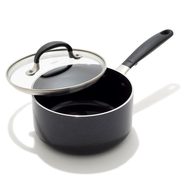 OXO 1.6QT Non-Stick Every Day Sauce Pan with Glass Lid, BPA-Free Comfort Grip Silicone Handle, Dishwasher & Oven Safe, PFAS-Free Ceramic Skillets, Sauce & Soup Chef Pot, Drip-Free, Black