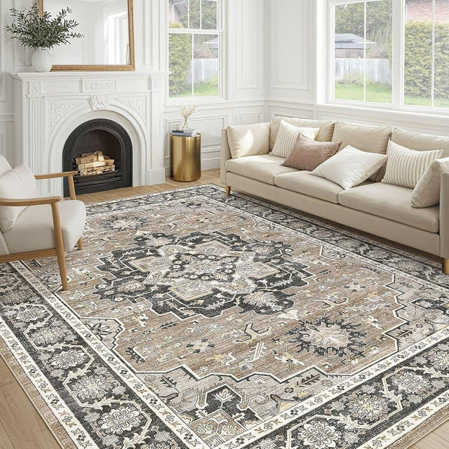 Vintage Living Room Area Rug 9x12 - Large Soft Washable Oriental Traditional Distressed Farmhouse Rugs for Bedroom - Indoor Floor Accent Carpet for Home Office House Decor - Black Brown
