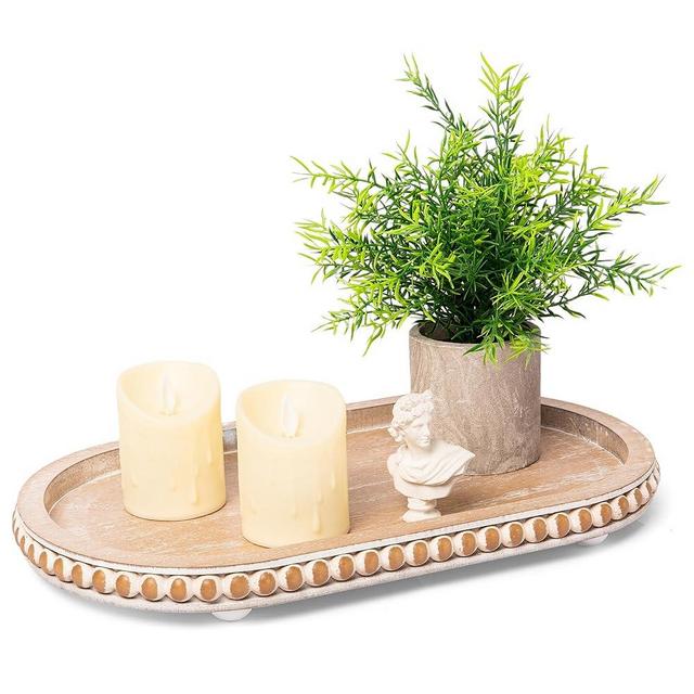 HPC Decor 15in Oval Tray for Home Decor - Brown Wood Beaded Tray - Decorative Serving Tray,Rustic Farmhouse Wooden Trays for Vintage Centerpiece,Kitchen Counter,Living Room Decor,Coffee Table Decor.
