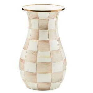 MACKENZIE-CHILDS Tall Enamel Checkered Vase, Unique Flower Vase, Brown-and-White Mocha Check, Steel, 6" L x 6" W x 12" H
