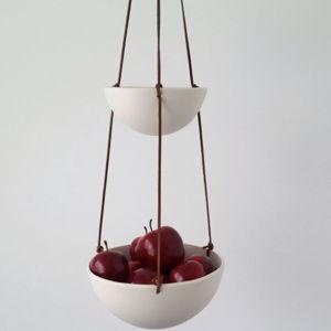 Medium Hanging Fruit Basket, Two Tiered Porcelain and Leather, Smooth or Geo Carved - Etsy